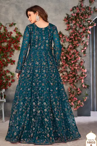 Teal embroidered butterfly net anarkali suit