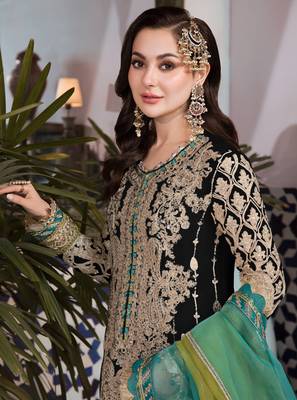Black embroidered faux georgette semi stitched salwar suit 3