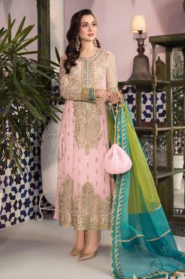 Pink embroidered faux georgette semi stitched salwar suit 1