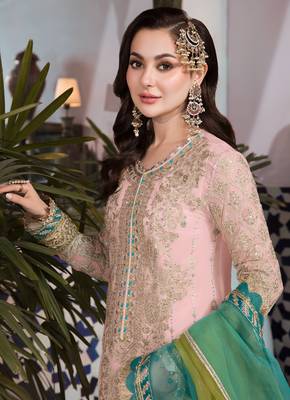 Pink embroidered faux georgette semi stitched salwar suit 2