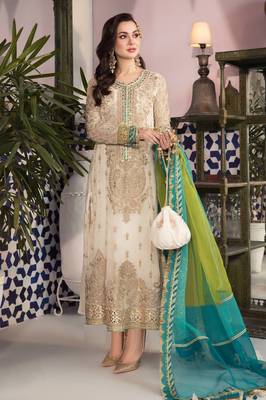 White embroidered faux georgette semi stitched salwar suit 1