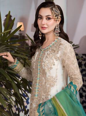 White embroidered faux georgette semi stitched salwar suit 2