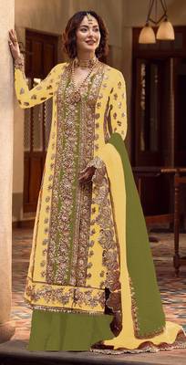 Yellow embroidered organza semi stitched salwar suit 1