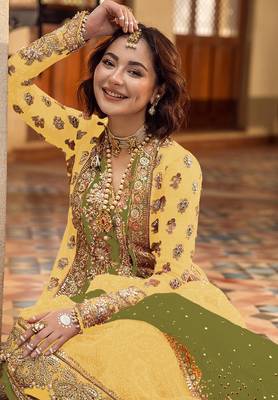 Yellow embroidered organza semi stitched salwar suit 3