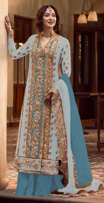 Sky blue embroidered organza semi stitched salwar suit 1