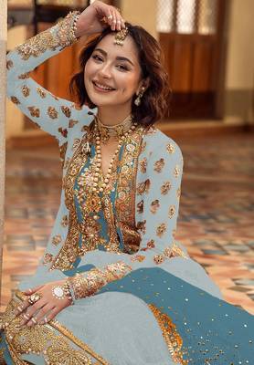 Sky blue embroidered organza semi stitched salwar suit 3