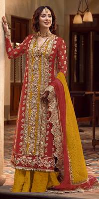 Red embroidered organza semi stitched salwar suit 1