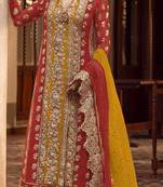 Red embroidered organza semi stitched salwar suit