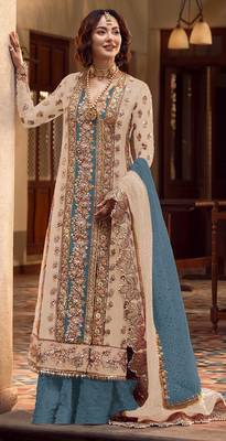Cream embroidered organza semi stitched salwar suit 1