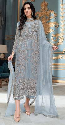 Sky blue embroidered organza semi stitched salwar suit 1