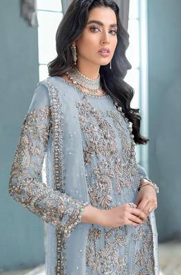 Sky blue embroidered organza semi stitched salwar suit 2
