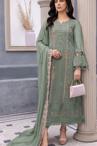 Light green embroidered faux georgette semi stitched salwar suit