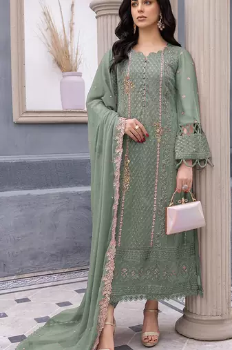 Light green embroidered faux georgette semi stitched salwar suit