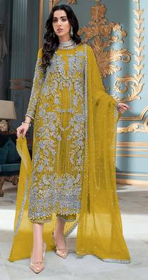 Yellow embroidered organza semi stitched salwar suit 1