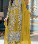 Yellow embroidered organza semi stitched salwar suit