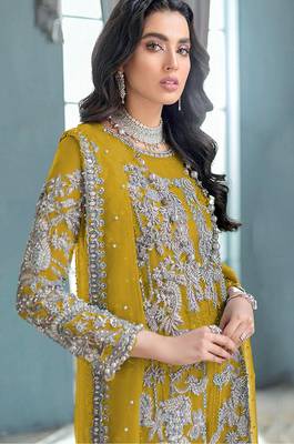 Yellow embroidered organza semi stitched salwar suit 2