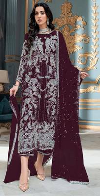 Wine embroidered organza semi stitched salwar suit 1