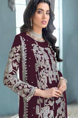 Wine embroidered organza semi stitched salwar suit 2