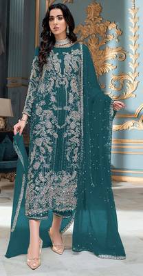 Teal green embroidered organza semi stitched salwar suit 1