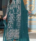 Teal green embroidered organza semi stitched salwar suit