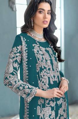 Teal green embroidered organza semi stitched salwar suit 2