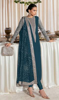Teal embroidered faux georgette semi stitched salwar suit 1