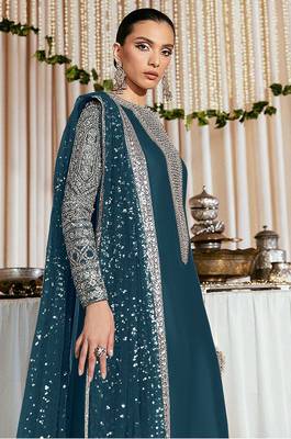 Teal embroidered faux georgette semi stitched salwar suit 2