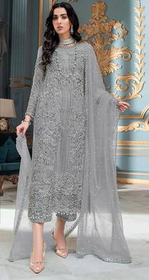 Grey embroidered organza semi stitched salwar suit 1