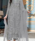 Grey embroidered organza semi stitched salwar suit