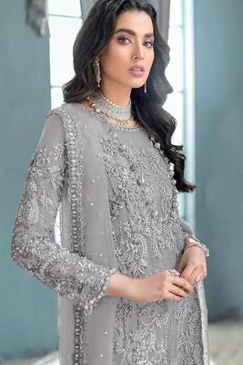 Grey embroidered organza semi stitched salwar suit 3