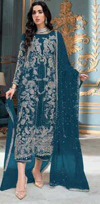 Teal embroidered organza semi stitched salwar suit 1