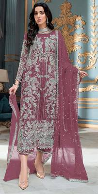 Brown embroidered organza semi stitched salwar suit 1