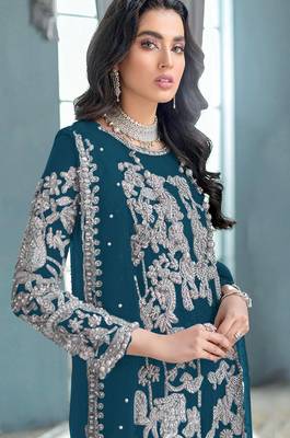 Teal embroidered organza semi stitched salwar suit 2
