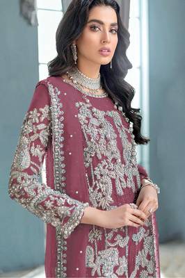 Brown embroidered organza semi stitched salwar suit 2