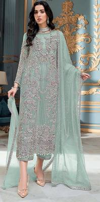 Light green embroidered organza semi stitched salwar suit 1
