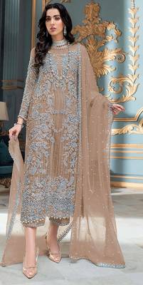 Brown embroidered organza semi stitched salwar suit 1