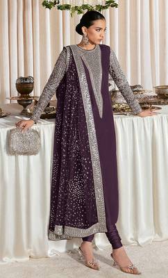 Wine embroidered faux georgette semi stitched salwar suit 1