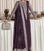 Wine embroidered faux georgette semi stitched salwar suit