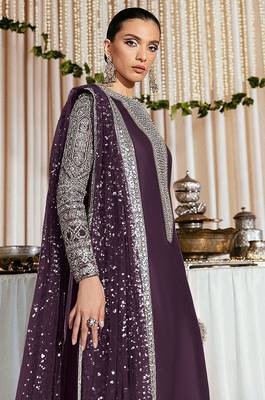 Wine embroidered faux georgette semi stitched salwar suit 2