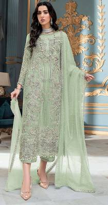 Parrot green embroidered organza semi stitched salwar suit 1