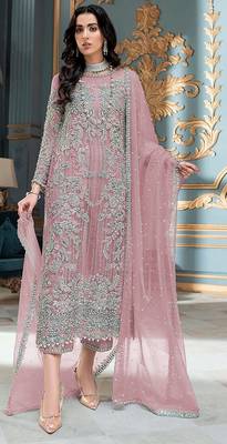 Pink embroidered organza semi stitched salwar suit 1