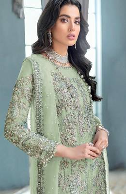 Parrot green embroidered organza semi stitched salwar suit 3
