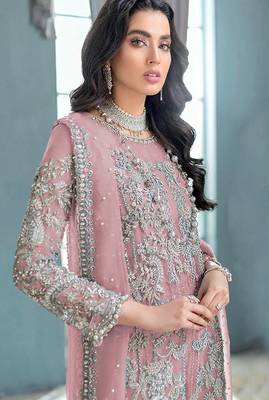 Pink embroidered organza semi stitched salwar suit 3