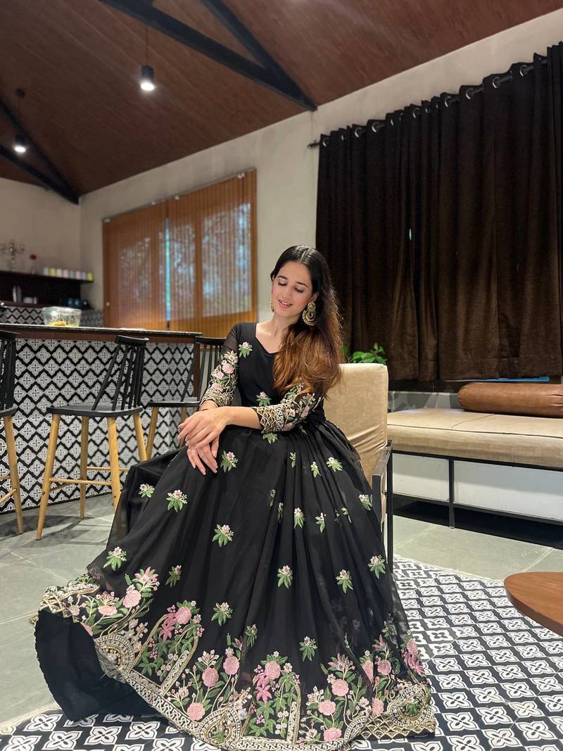 Black Faux Georgette Heavy Threadwork Embroidered Salwar Set