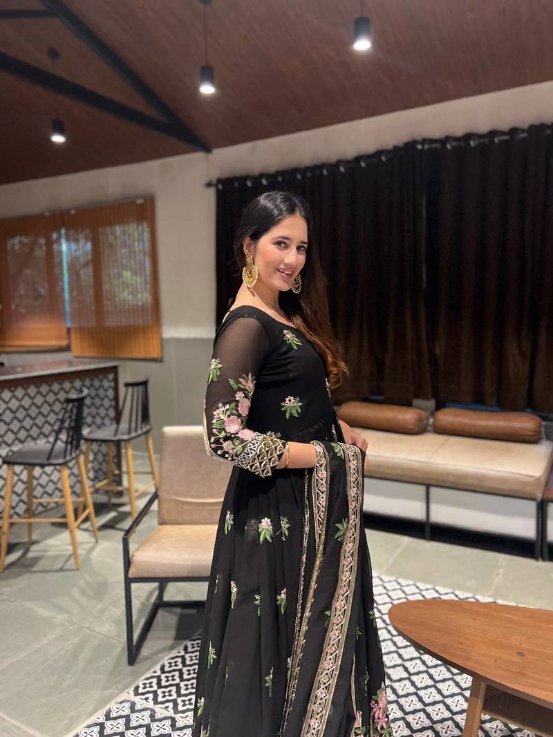 Black Faux Georgette Heavy Threadwork Embroidered Salwar Set