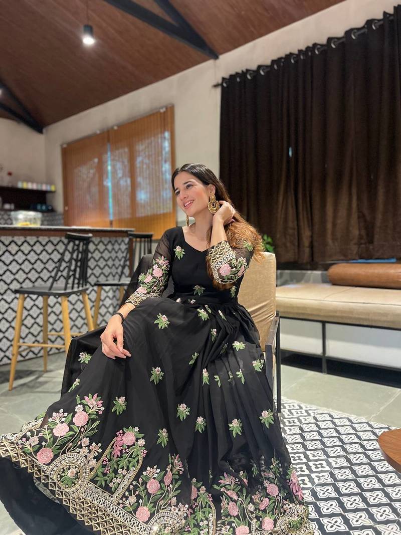 Black Faux Georgette Heavy Threadwork Embroidered Salwar Set