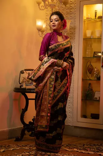 Black Soft Banarasi silk blend blend Weaving Saree Festive Wear
