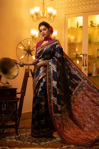 Nevy Blue Soft Banarasi silk blend blend Weaving Saree Festive Wear