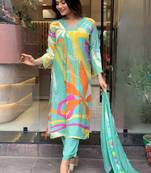 3172 Green Women Printed and embroidered Viscose Silk Blend with cotton lining kurta set