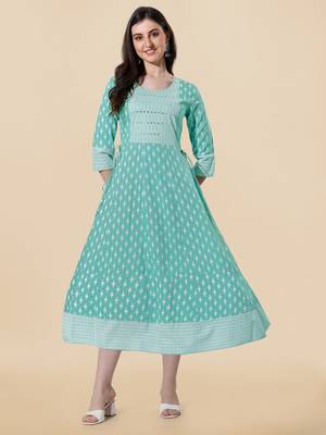 Teal White Block Print Mirror Work Rayon Kurta 1